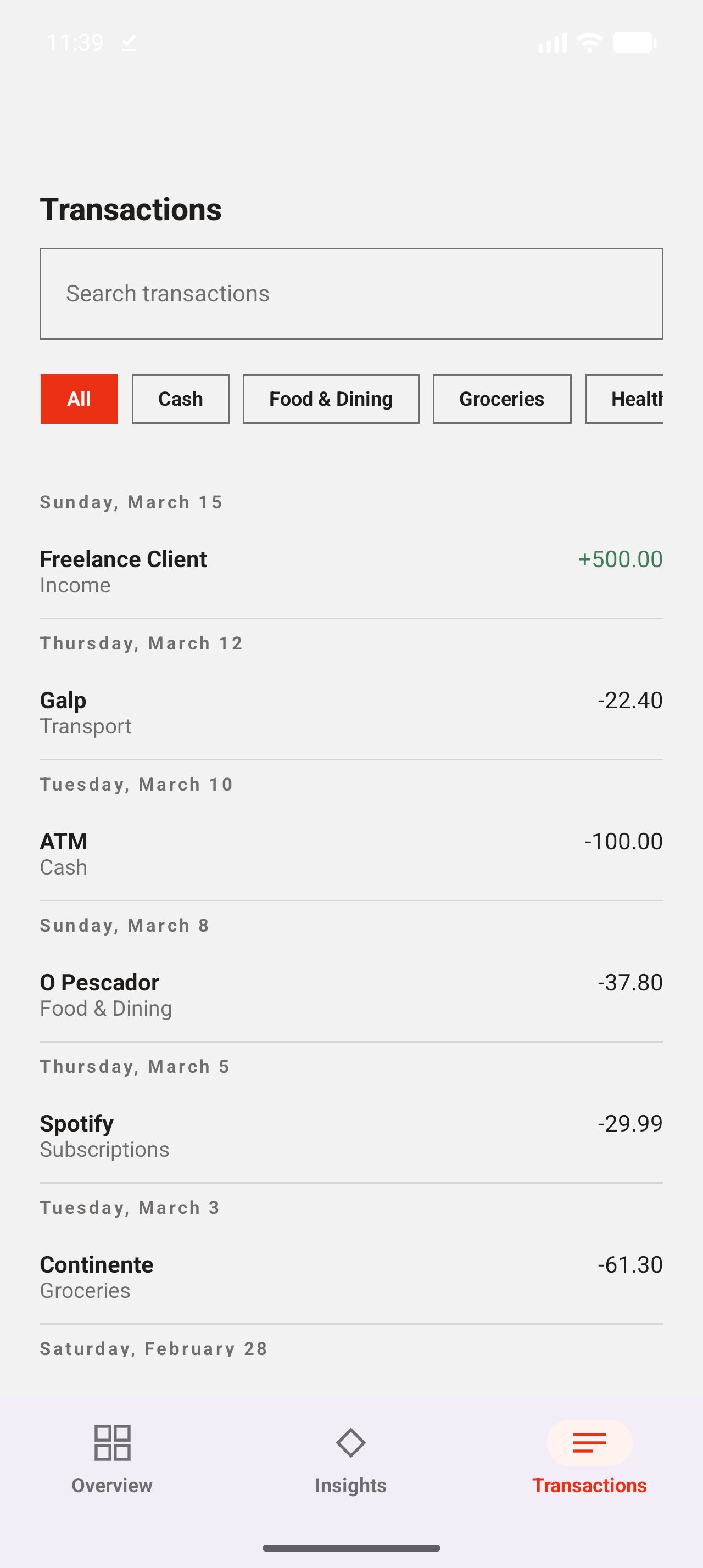 Finance Analytics transactions screen screenshot